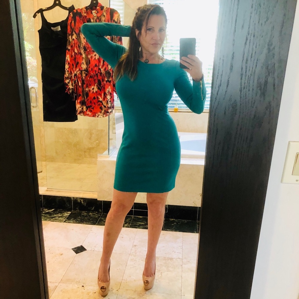 Theory Kalion Teal Bodycon Long Sleeved Mini Dress